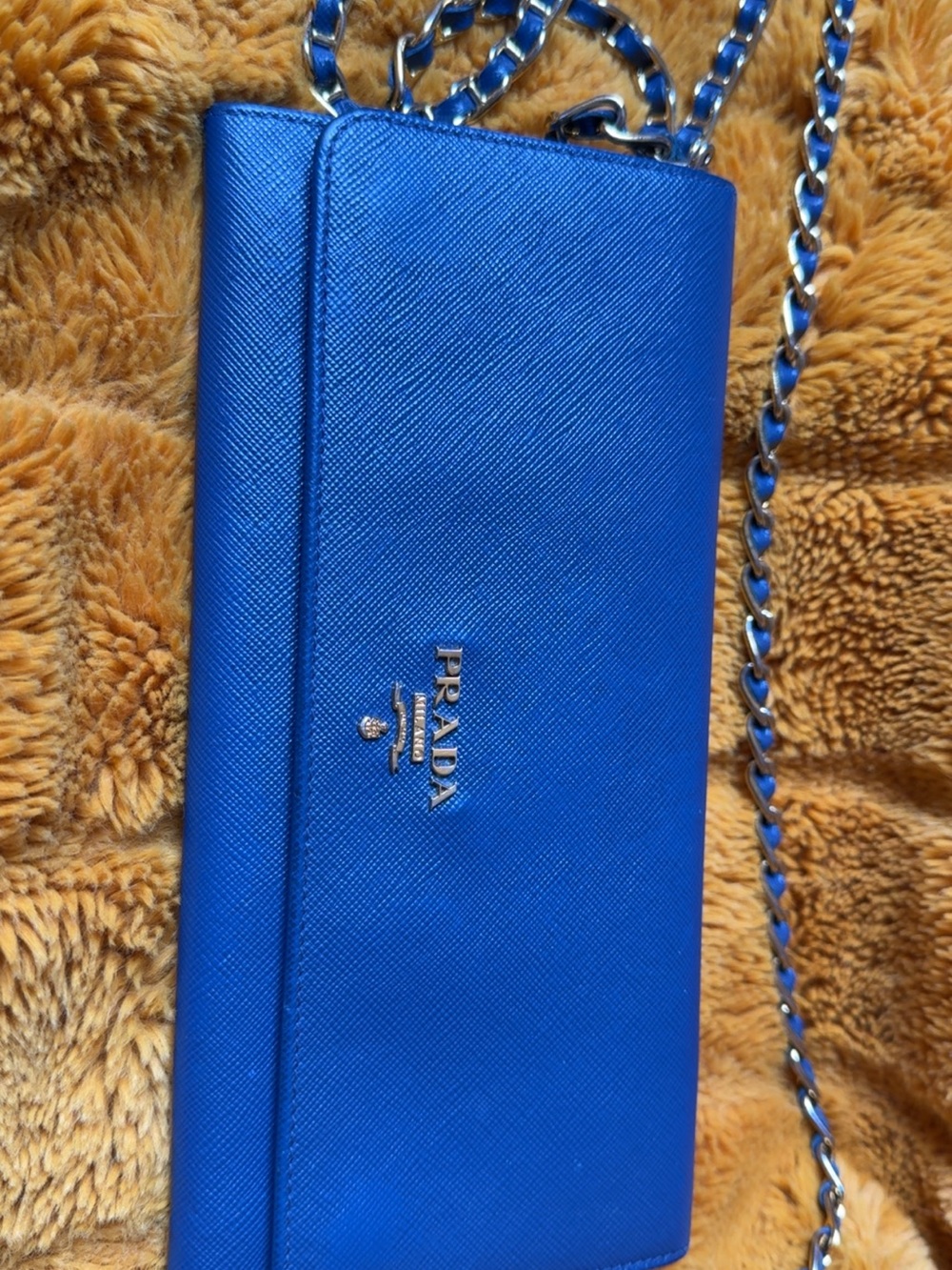 Prada Bright Blue Saffiano Crossbody Wallet with Chain Strap